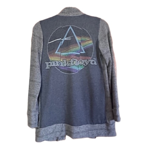 Pink Floyd up cycle cardigan fuzzy grey stripe handmade prisms rainbow - Picture 1 of 4